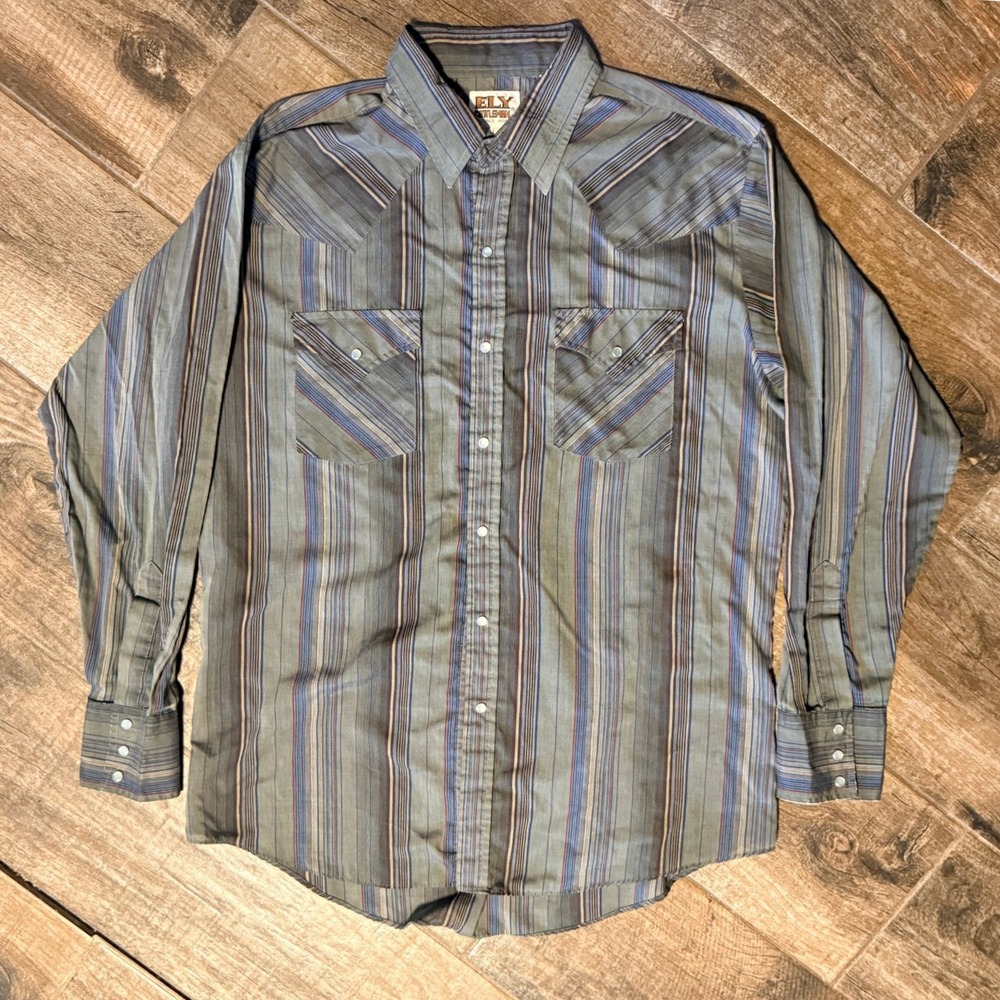 Ely Cattleman Vintage Mens Western Striped Pearl Snap Shirt, Gray Blue, L